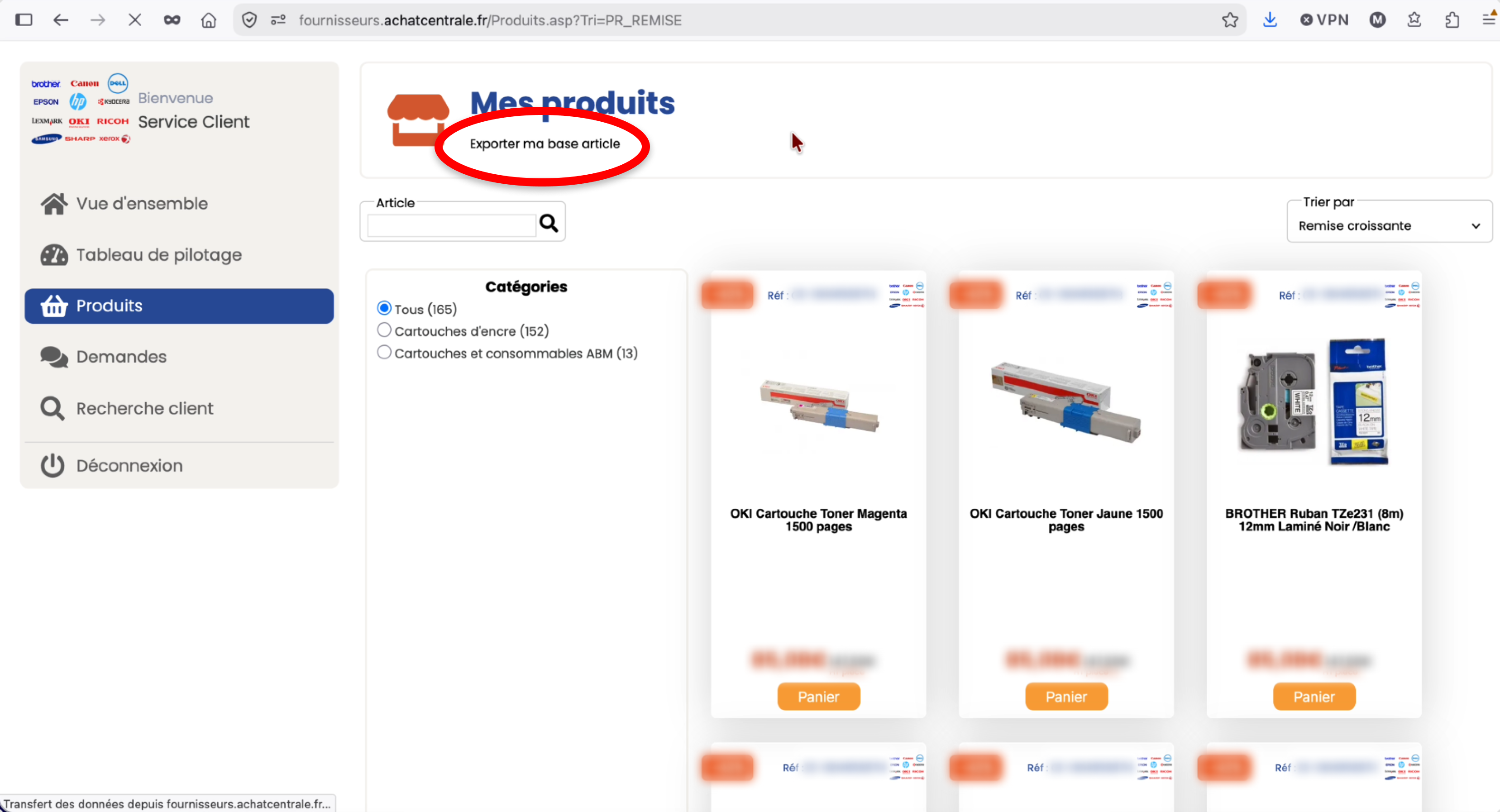 Bouton Exporter ma base article dans l’espace Mes produits